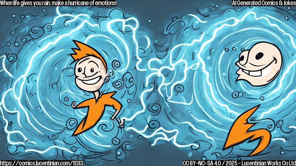 Generate an image of a smiling cartoon figure with a thought bubble above their head. The thought bubble should contain a swirling storm cloud with lightning bolts coming out of it, surrounded by raindrops and clouds. The cartoon figure should be wearing a therapist's badge on their shirt.