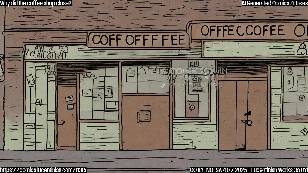 A plain color cartoon style image of a closed coffee shop with a sad face on the door. The building is light brown.