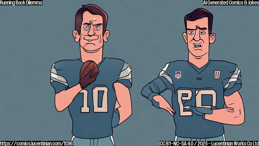 Cartoon illustration. A frustrated, middle-aged football coach with a whistle around his neck stands with his arms crossed, looking disappointed. Beside him is a sad-looking running back in full uniform, head hanging low. Plain light blue background.