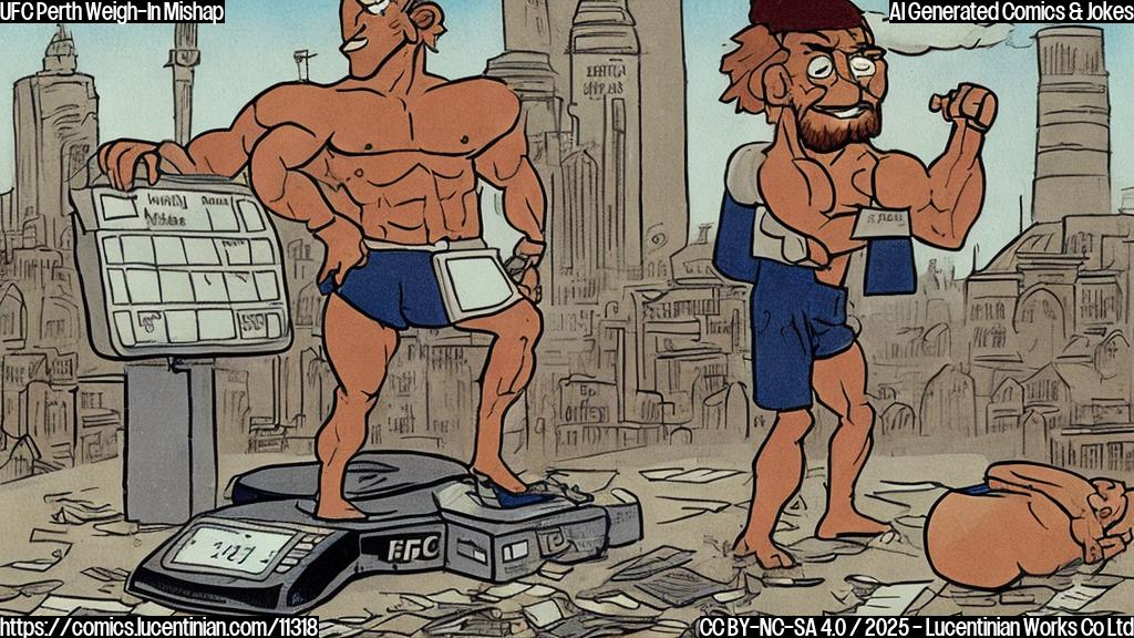 Plain color cartoon of a muscular fighter standing on a scale, looking confused and holding a calculator, with a sign in the background that reads "UFC Perth Weigh-In".