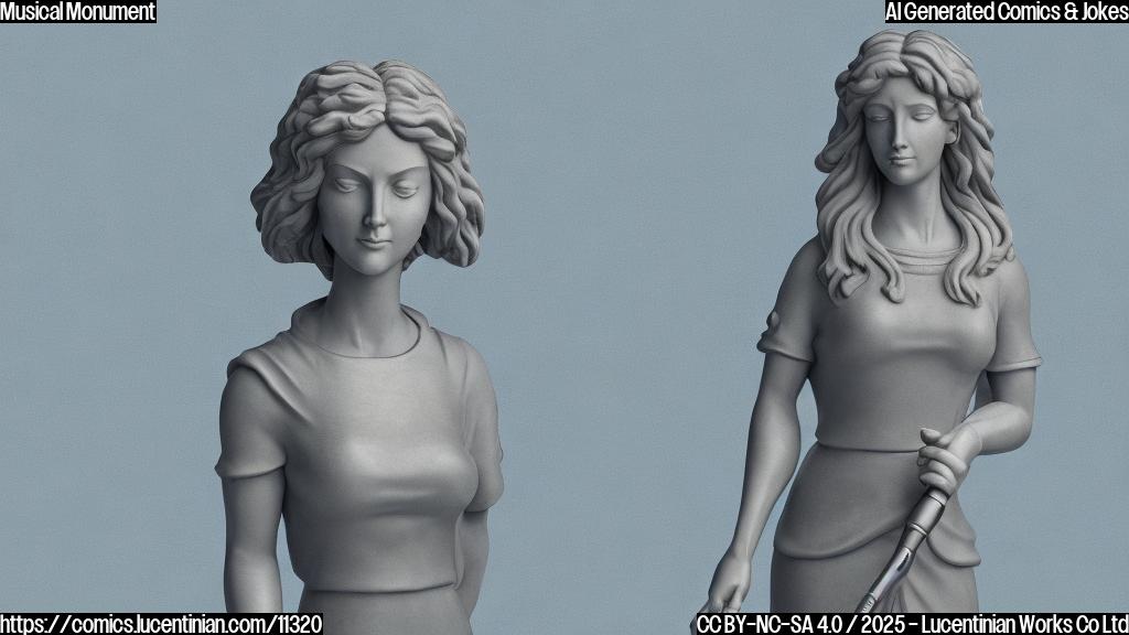 A cartoon-style, plain background image of a gray stone statue of a female singer with dynamic hair, wearing a fringed dress, holding a microphone, striking a powerful pose. The background is solid light blue.