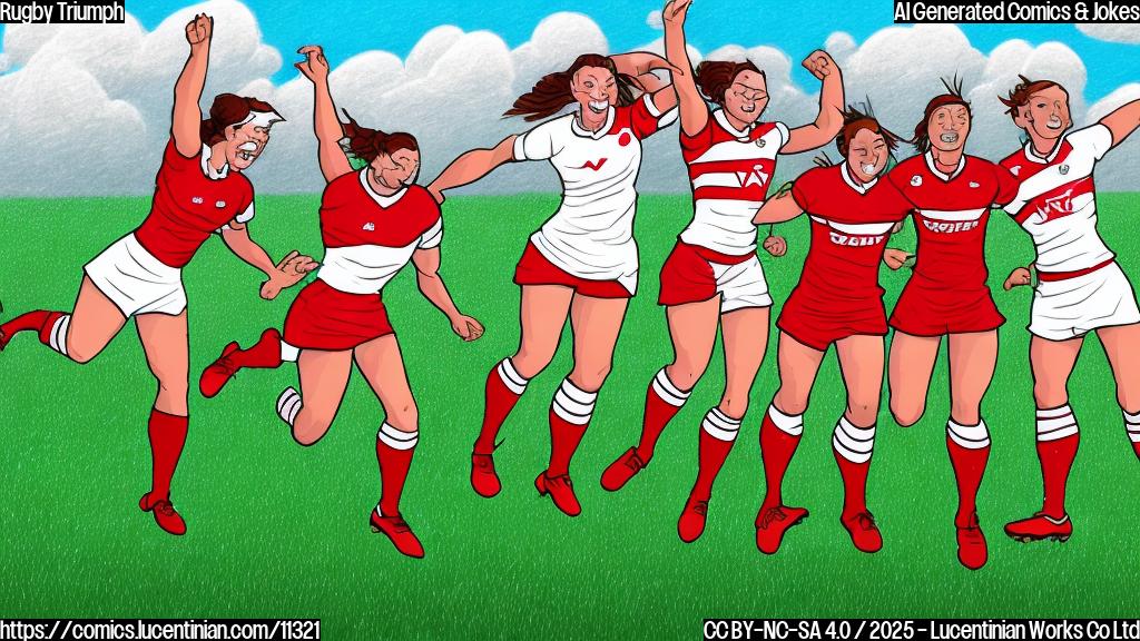 A simple cartoon drawing of a group of female rugby players in red and white uniforms, celebrating their win on a green field. They are jumping and cheering, with a large golden trophy held high above their heads. The background is a plain light blue, with a simplified stadium in the distance. The style is flat and cartoonish, with bright, saturated colors.