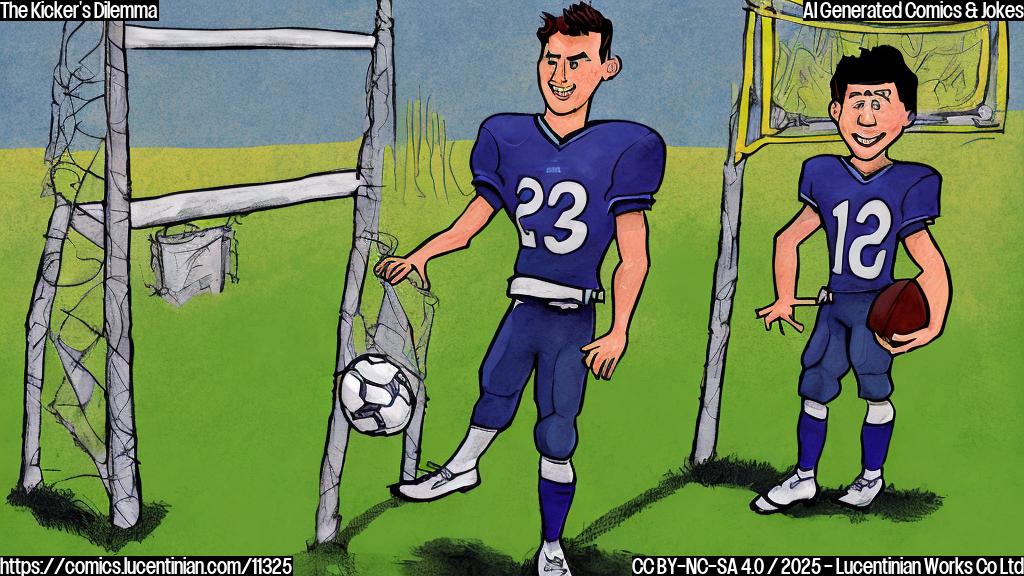 A cartoon illustration of a football kicker standing next to a goal post. He is holding a ladder that is leaning against the goalpost. The background is a bright, plain green color. The kicker has a determined expression. The style is simple and colorful.