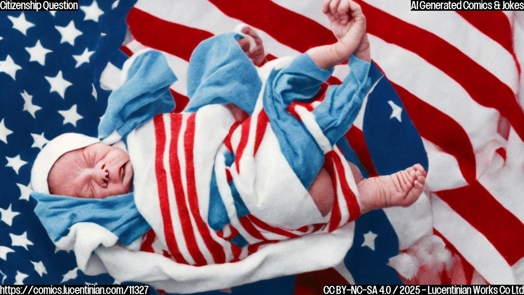 A cartoon-style image of a gavel hovering over a baby wrapped in an American flag. The background is a plain blue.