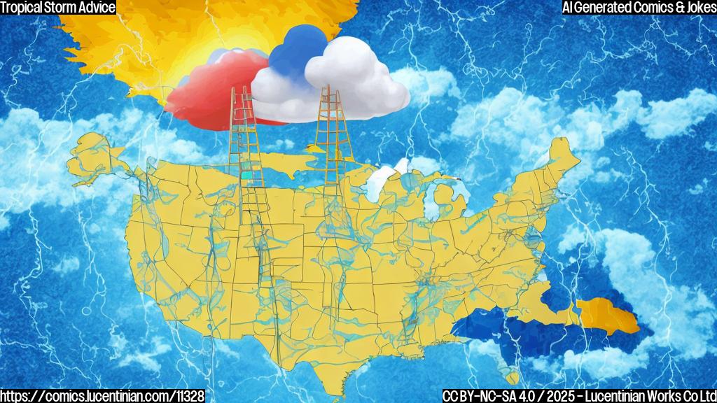 A weather forecaster in front of a weather map with a cartoon-style storm cloud shaped like a ladder going off the top of the map, plain color background.