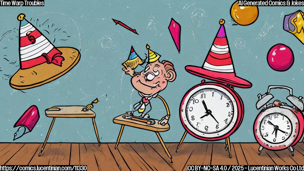 A cartoon-style image of a vintage alarm clock wearing a tiny party hat, spinning wildly in a classroom. Desks are askew and a chalkboard reads "Don't Do the Time Warp!" in messy chalk. The background is a plain, light blue color.