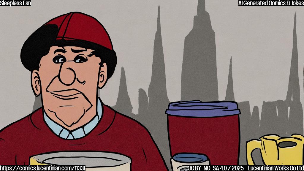 A cartoon drawing of a person wearing a scarlet and gray hat and sweater, holding an oversized coffee cup, looking nervously at a distant, looming gray and purple stadium with a tall tower, all against a plain light yellow background.