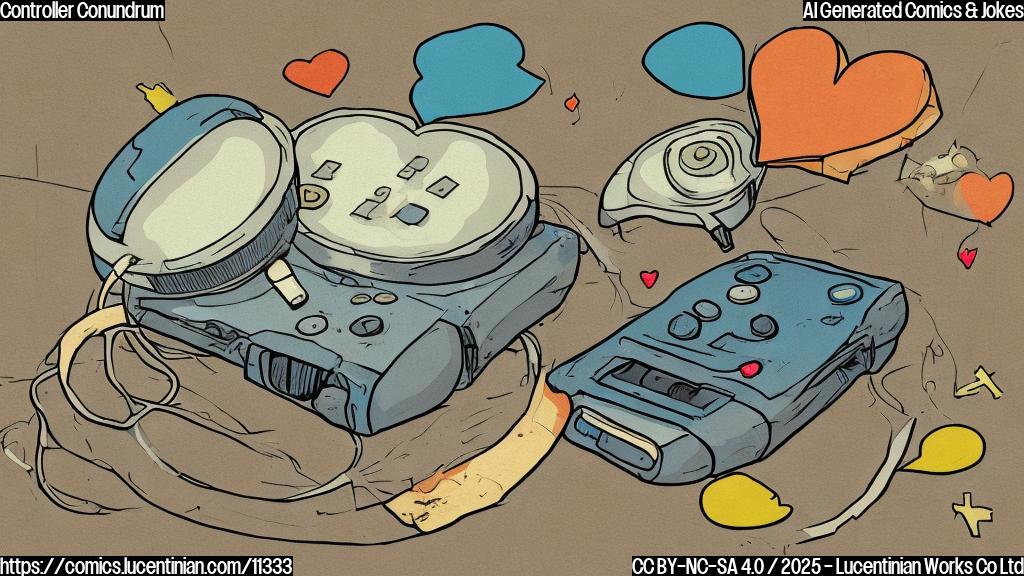 a plain color cartoon style picture, depicting a sad-looking video game controller lying on the floor. Above it, floating away, is a speech bubble with a broken heart inside.