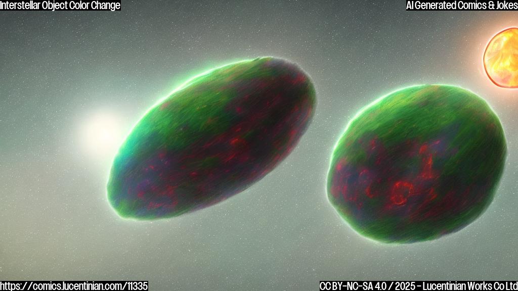 A cartoon-style drawing of a reddish interstellar object awkwardly changing to a green color, with a surprised expression.