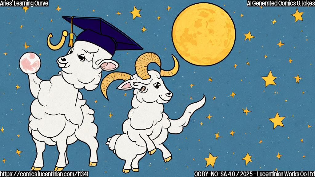 Plain color cartoon style image of a ram (representing Aries) wearing a graduation cap and excitedly pointing towards a night sky filled with stars and a large moon. The background is a solid light blue.