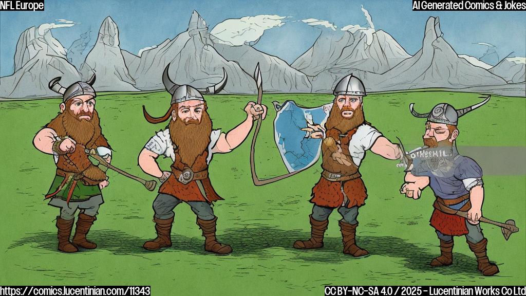 A cartoon drawing of a viking and a steel worker looking confused at a map of Ireland, standing on a green football field. The style is simple and uses plain colors.