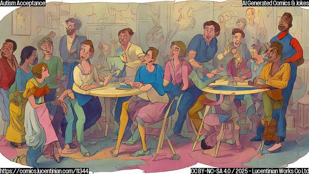 A cartoon image in a flat, solid color style depicting a group of diverse people sitting in a circle. One person in the group is holding a small ladder, with a slightly confused expression. The background is a single, light pastel color.