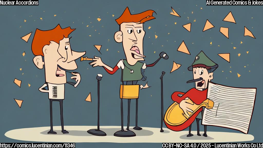 A cartoon drawing in a simple, plain color style. Show a concerned-looking musician with an accordion standing next to a table with an agreement on it, with a large explosion in the background represented by simple shapes like triangles and circles. The color palette should be muted and slightly ominous.