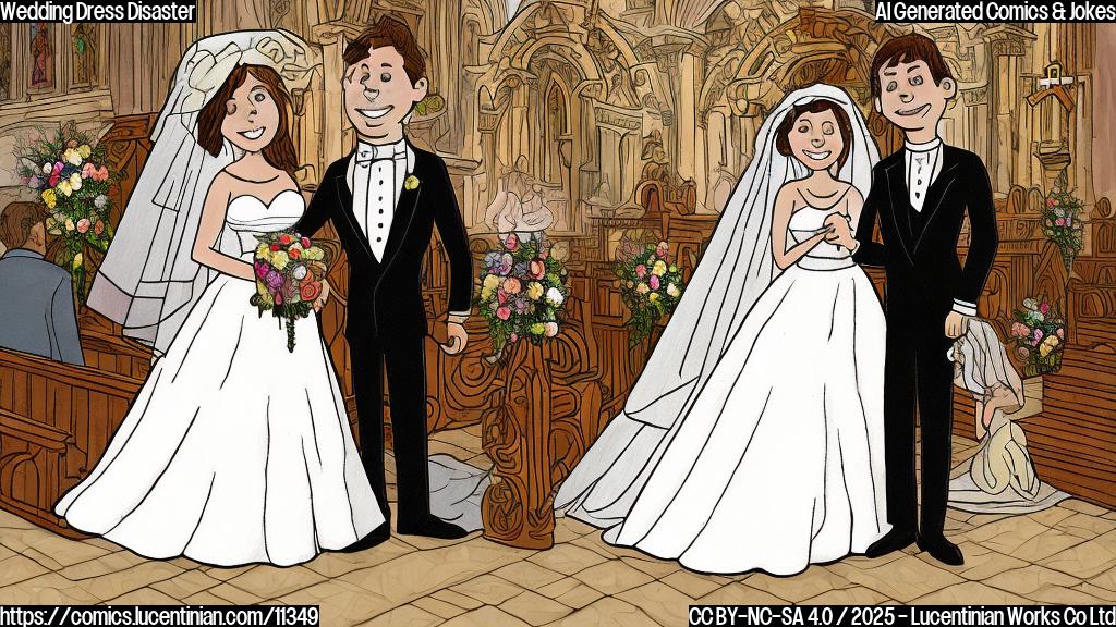 A plain color cartoon style image of a wedding altar with a bride and groom. The bride's dress is on fire, but both are smiling sheepishly. The background is a simple church interior.