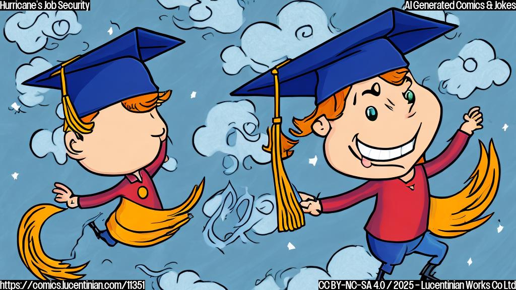 A plain color cartoon style picture of a happy, swirling hurricane wearing a tiny graduation cap, with storm clouds forming a diploma in the background.