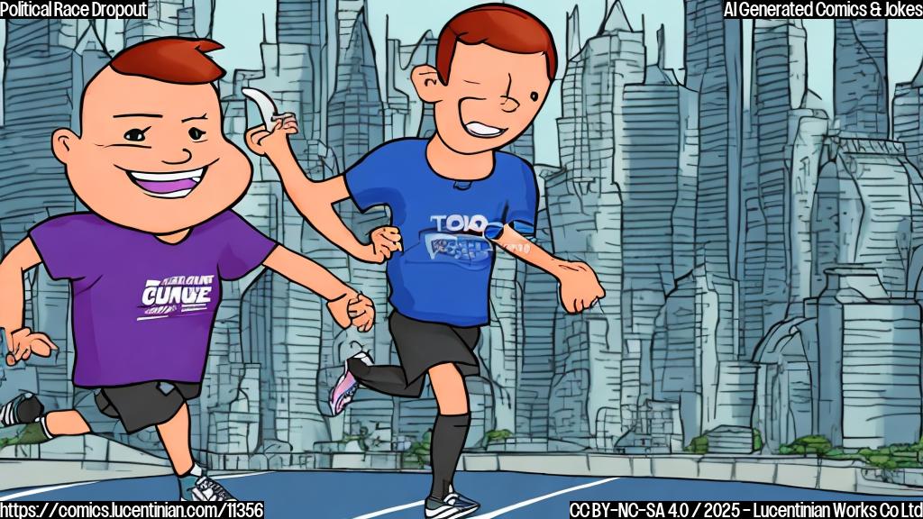 A cartoon image showing a runner in athletic gear stopping mid-race with a stressed expression, with a speech bubble saying "Too much!". The background shows generic skyscrapers and other runners blurred in motion. Use plain colors, simple lines, and a light-hearted style.