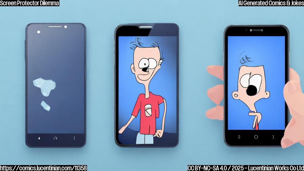 A cartoon smartphone with a worried expression looking at a cracked screen protector on another smartphone, both on a plain blue background.