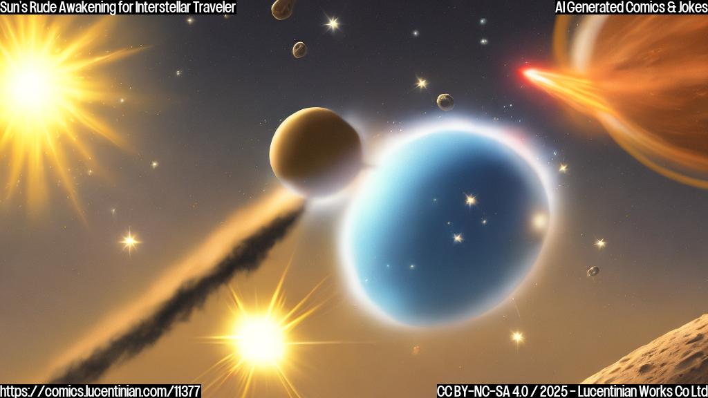 A bright yellow cartoon sun wearing sunglasses, angrily pointing a beam of light towards a small, grey, scared-looking comet with a trail of ice particles behind it. The comet is speeding past a small, red planet with cartoonish craters. The background is dark blue with white stars. The style is plain and simple.