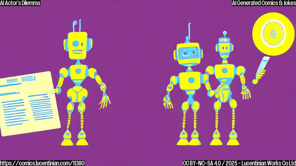 Cartoon illustration. A worried-looking robot with human-like features, standing on a stage with spotlights. The robot is holding a script that reads "Act 1, Scene 1". The background is a simple, plain yellow color. Minimal details, clean lines, cartoon style.