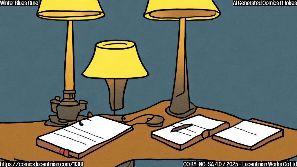 A cartoon drawing of a lamp lying on a couch, talking to a notepad. The lamp looks sad. The overall style is plain color and simple.
