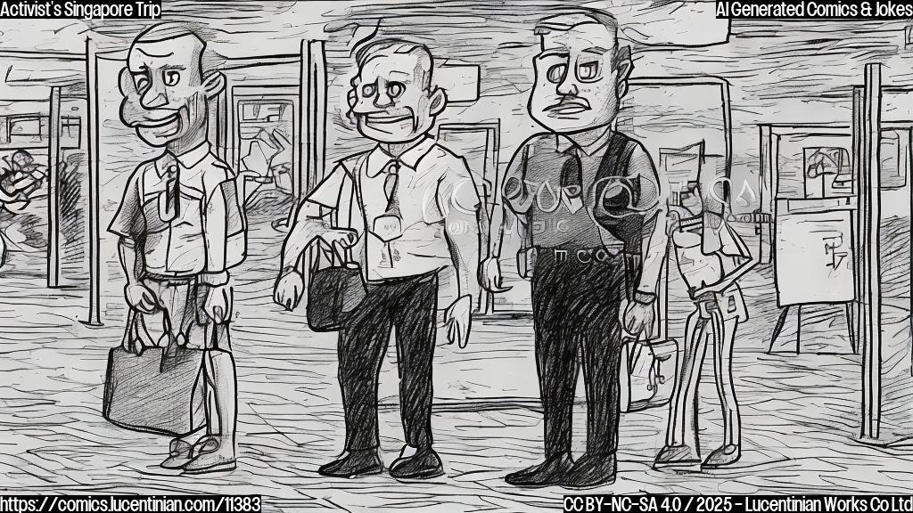 A cartoon-style drawing of a plain blue colored airport with a sad, simple human figure being turned away by a simple security guard figure, both faceless, with thought bubble above the sad figure showing a plain red colored bag.
