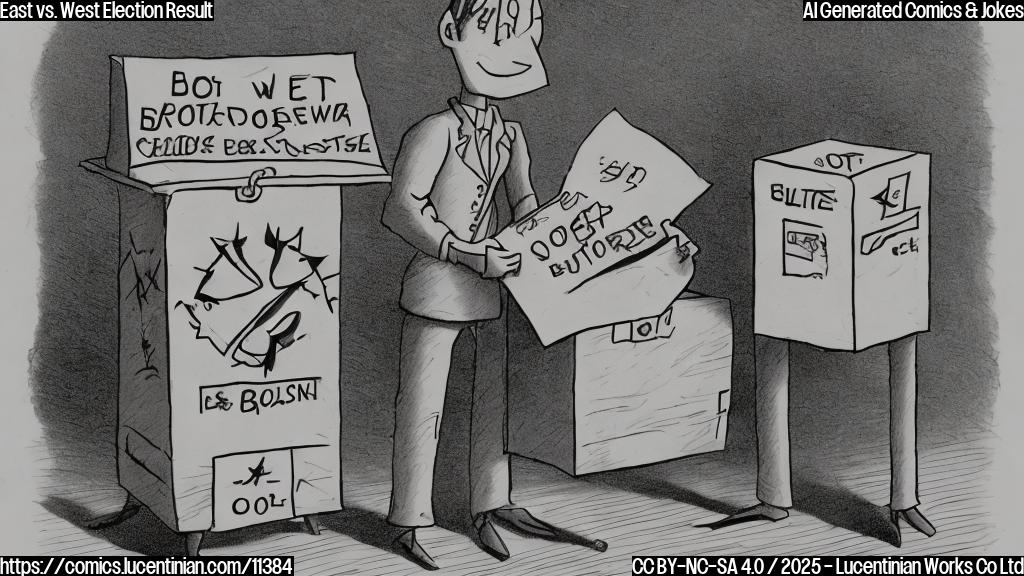 A cartoon drawing of a ballot box looking stressed, standing between two arrows. One arrow points East and is colored a cold blue. The other arrow points West and is colored a warm yellow. The ballot box has sweat drops and a worried expression. The background is plain light gray.