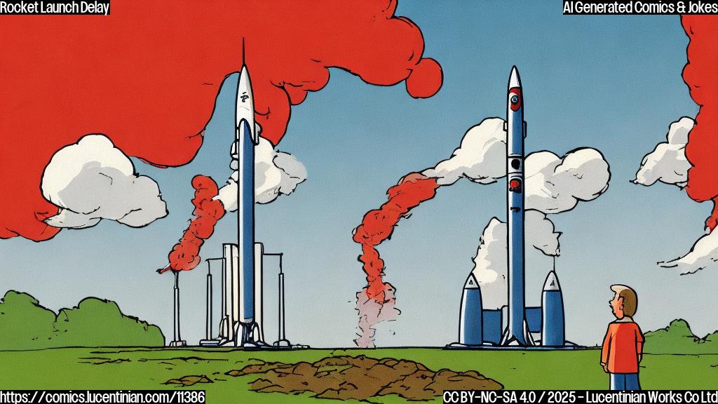Plain color cartoon style picture of a red rocket standing on a launch pad. A frustrated looking number '3' is standing next to it, holding its head in its hands. The sky is light blue.