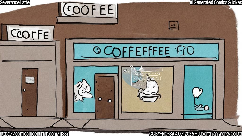 A cartoon image of a sad coffee bean wearing a tiny business suit, standing next to a closed coffee shop with an empty "For Lease" sign. The color is plain brown.