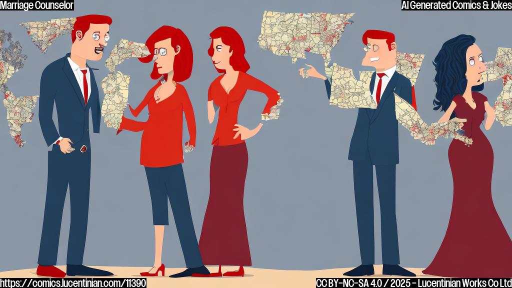 A marriage counselor with a concerned expression holding a large map of the United States, standing between a glamorous woman with long red hair and a man with a guitar, both looking sad and facing away from each other. Cartoon style, plain background, bright colors.