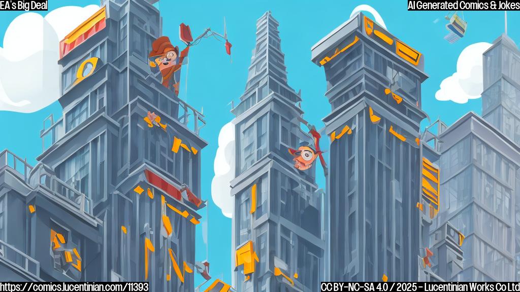 A bank building with a ladder leaning against a skyscraper representing a video game company, cartoon style, plain color background.
