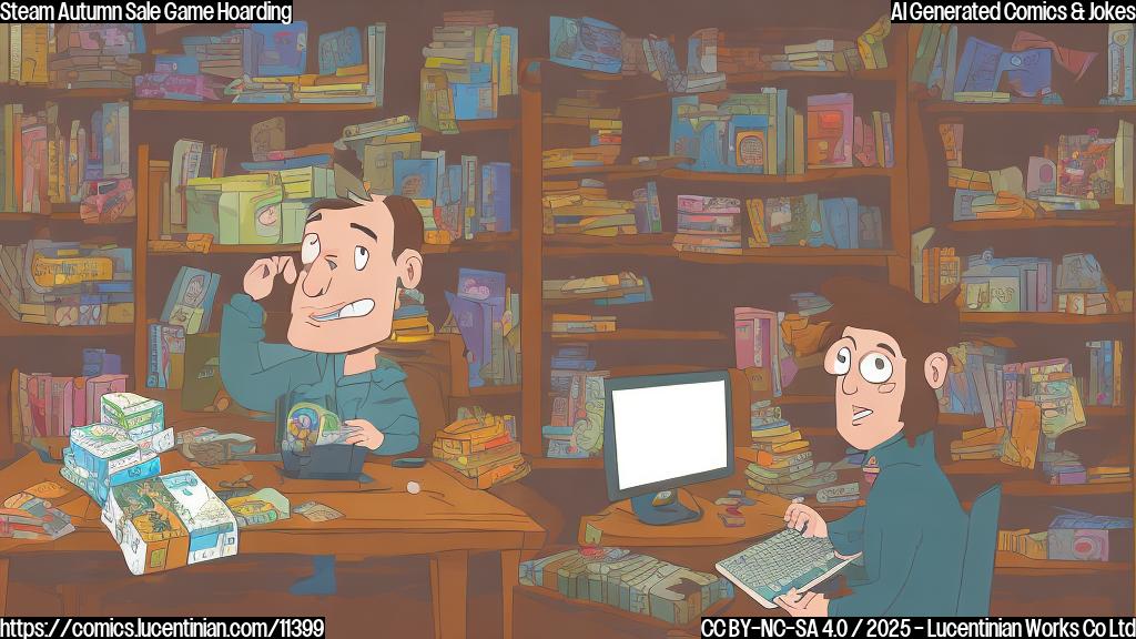 a cartoon image of a person sitting in front of a computer screen, surrounded by stacks of unopened game boxes. The room is dimly lit, with a calendar on the wall showing October. The person has a slightly guilty expression on their face. The color palette is muted and autumnal.