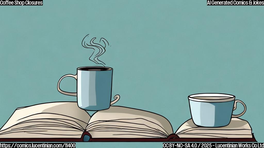 A plain color cartoon style picture of a sad looking coffee cup with its lid drooping, next to a cheerful looking book standing upright. The background is a solid light blue.