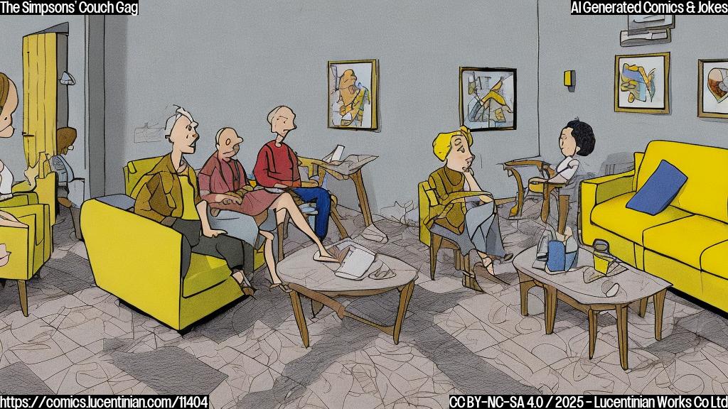 a plain color cartoon style image. The scene shows a therapist's office. A concerned therapist sits across from a dysfunctional family of five, who are yellow colored and sitting on a large, worn couch. The room is simple, with a single framed picture of an abstract shape on the wall.