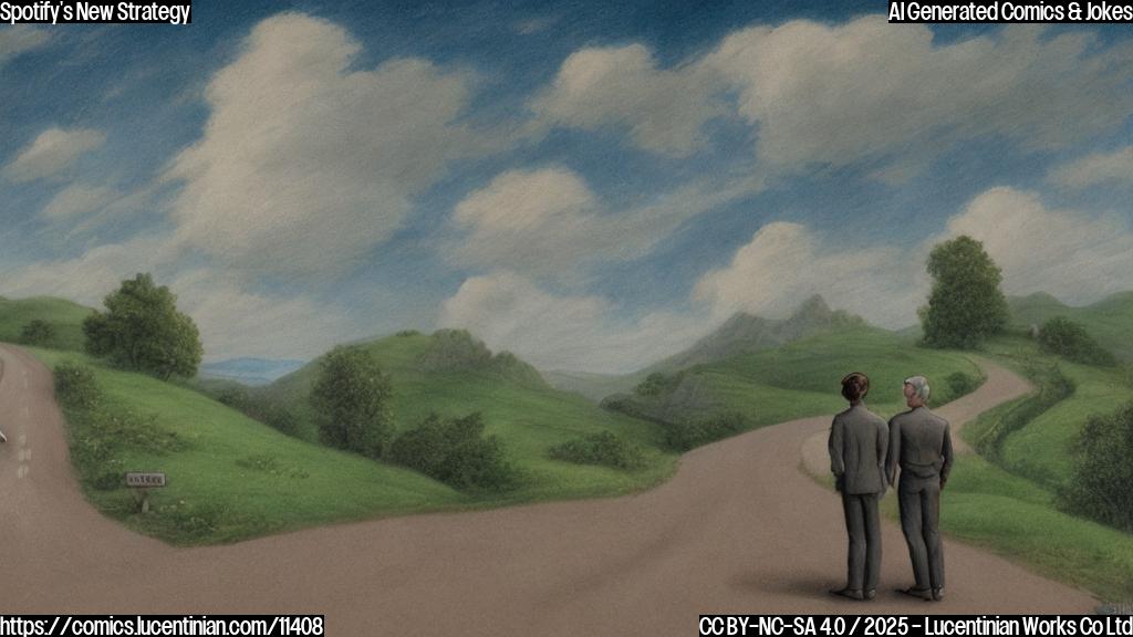 A light green cartoon drawing of a man with short brown hair wearing a simple gray suit, pointing towards a very long winding road stretching into the distant future. Two smaller figures with neutral expressions are standing at the beginning of the road, looking overwhelmed. The sky is bright blue with fluffy white clouds.