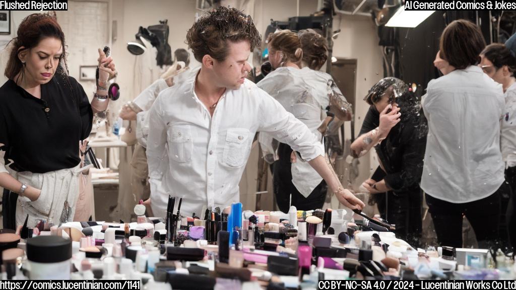 A disappointed, yet still professional, makeup artist looking at a dirty sink with water splashing out of it, surrounded by chaotic scenes of behind-the-scenes 'SNL' chaos.