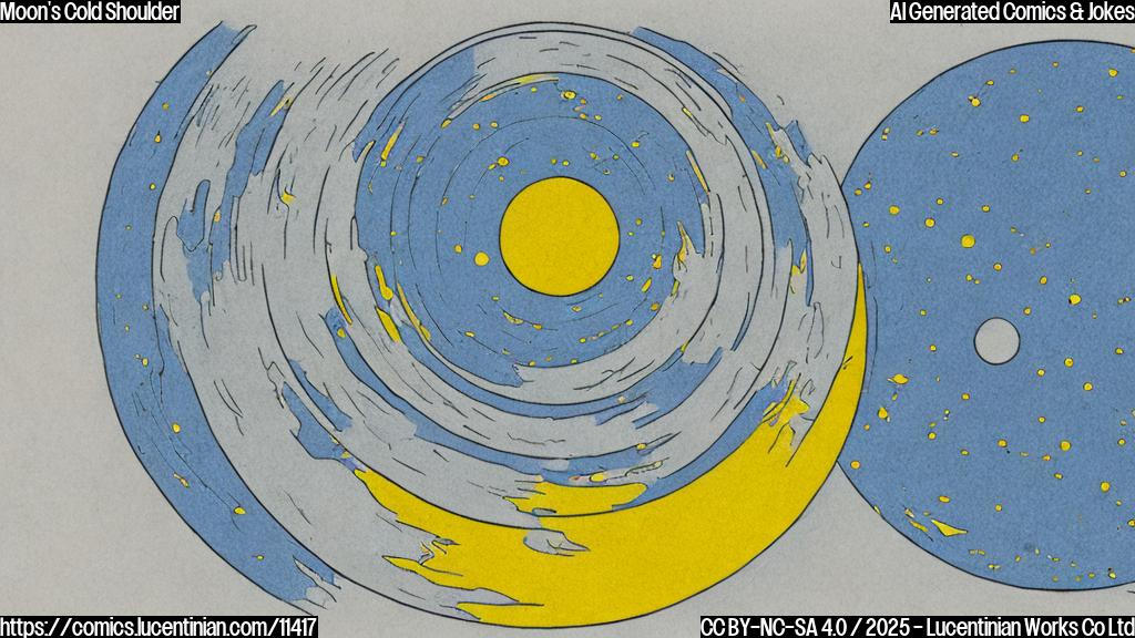 A plain color cartoon drawing of the moon, split in half vertically. The left half, representing the near side, is warm and sunny yellow. The right half, representing the far side, is a cold, icy blue, with snowflakes falling.