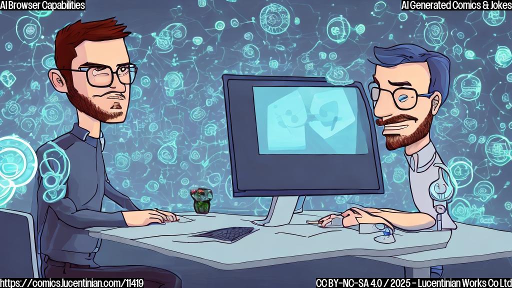 A cartoon-style image of a person sitting in front of a computer looking bewildered, surrounded by countless browser tabs and windows generated by a browser with "AI" icon. The overall color scheme is plain and simple.