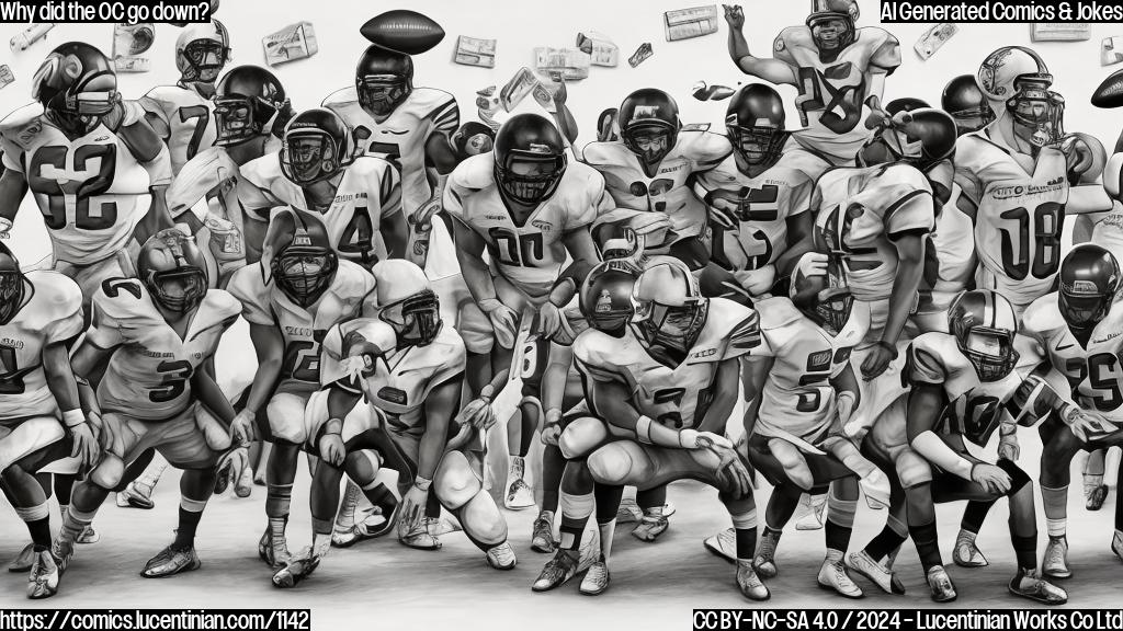 Draw a cartoon of a group of football players standing around a whiteboard with a big X marked through it, and a disappointed coach in the center, surrounded by footballs and playbooks.