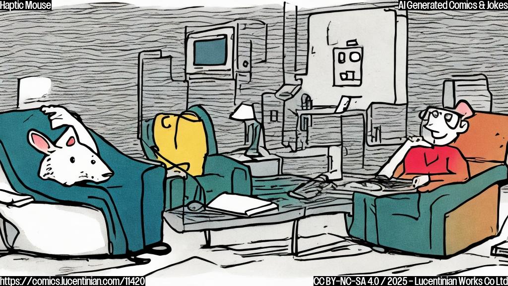 A simple, plain color cartoon illustration of a computer mouse lying on a therapist's couch. The mouse has a worried expression. The therapist, a wise-looking computer monitor with glasses, is taking notes. The scene is clean and minimalist.