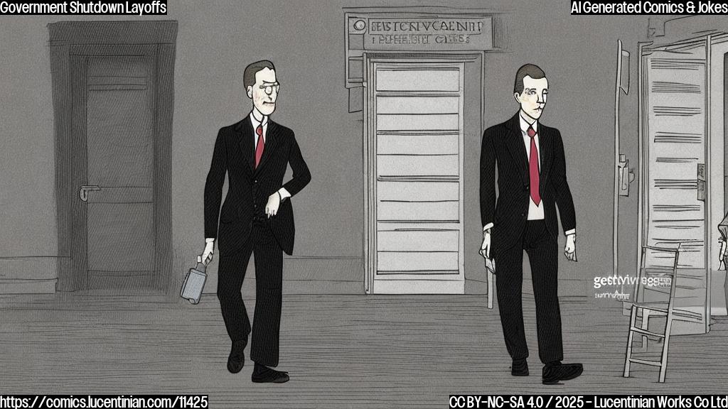 A plain color cartoon style picture, depicting a sad looking civil servant wearing a suit and tie, carrying a ladder, walking towards a generic government building with a closed sign on the door. The color of the building and the civil servant's clothes should be gray.