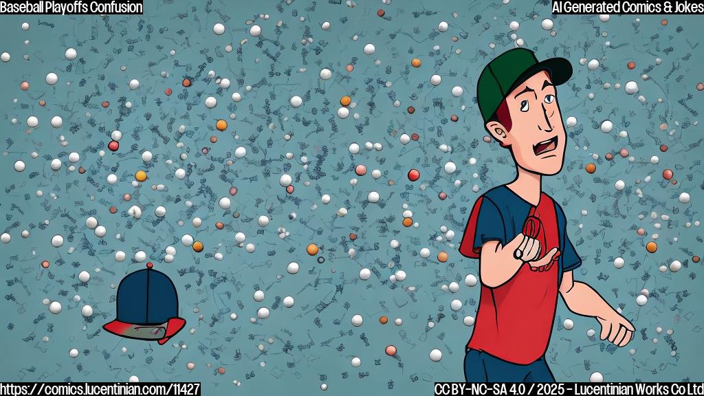 Plain color cartoon style image of a person with a baseball cap scratching their head, surrounded by multiple baseballs flying in chaotic directions. Background should be a simple green field.