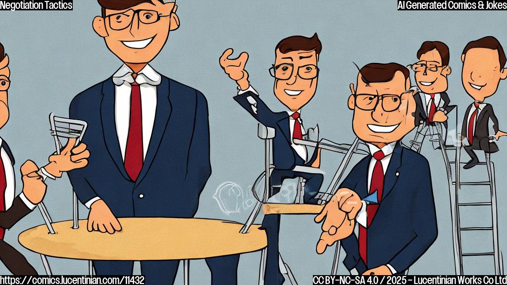 a cartoon image of a businessman in a suit holding a ladder approaching a table where two other businessmen in suits are sitting. The background is a plain light blue. The style is simple and cartoony with bold outlines.