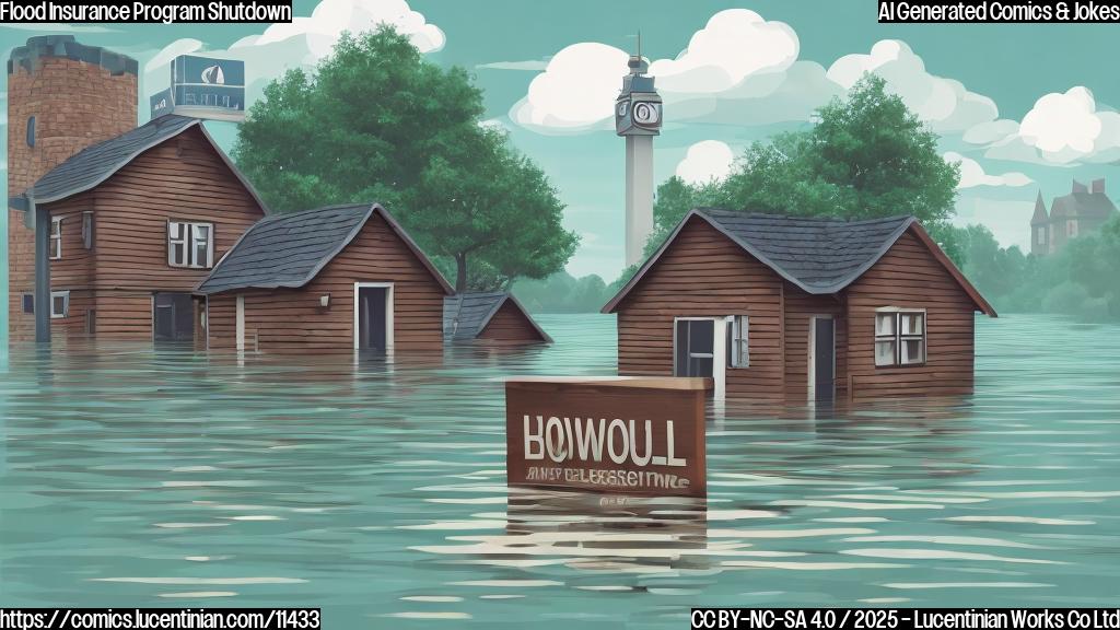 Plain cartoon style image of a small, anthropomorphic house with a worried expression, standing ankle-deep in rising water. A government building looms in the background with a closed sign on the door.
