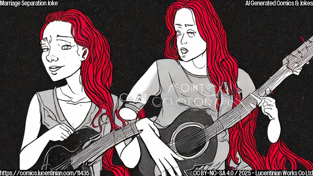 A cartoon drawing in plain colors. A sad looking woman with long red hair is standing on one side of a dotted line. On the other side stands a man with slightly long blonde hair holding a guitar. A big, cracked red heart is floating between them. The background is a light grey.