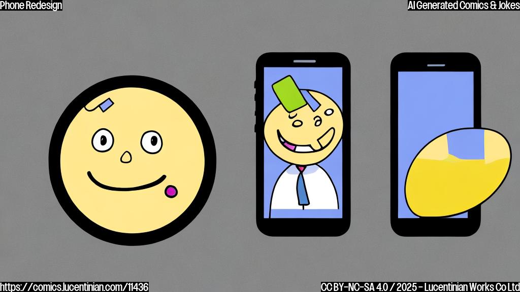 A cartoon smartphone with a worried expression standing in front of a mirror. The mirror shows the phone with rounded edges and a happy expression. Simple, flat colors.