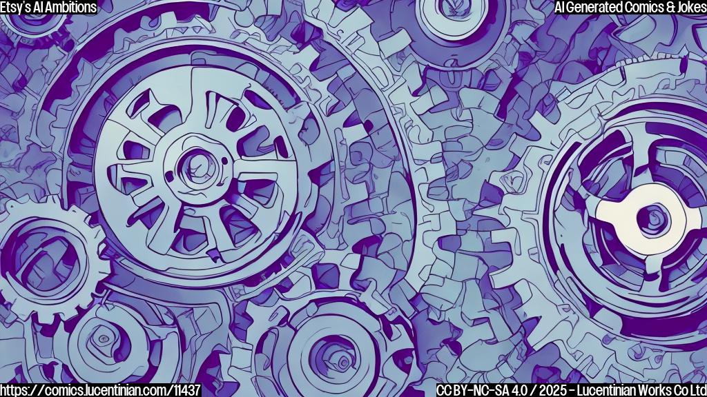 A simple, flat cartoon image. Two gears interlocked. One gear is metallic and labeled "Crafts". The other gear is bright purple and labeled "AI". The background is a plain light blue.