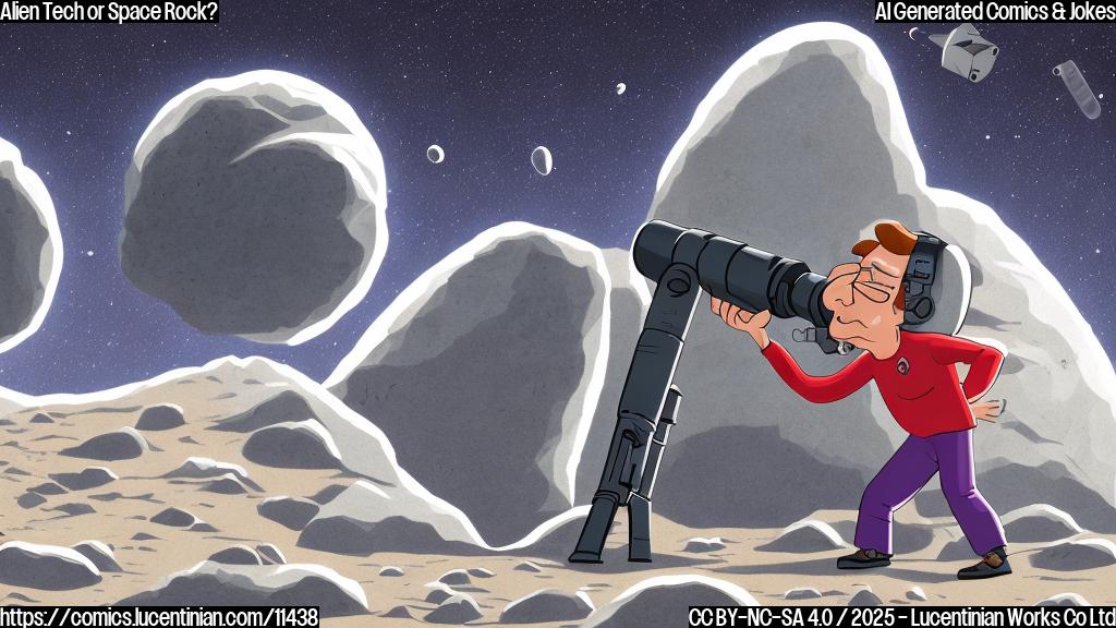 Cartoon illustration of a large, gray space rock with a disappointed facial expression floating in space, with a smaller, excited scientist with a telescope in the foreground pointing and looking at the rock. Plain color cartoon style.