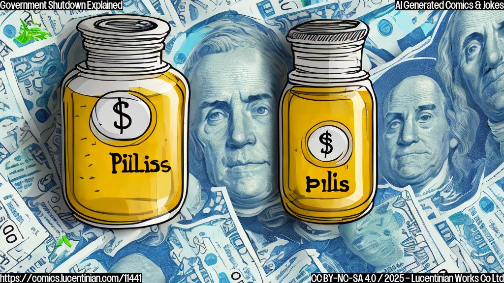 A cartoon drawing of a pills bottle with a sad face, surrounded by documents with dollar symbols on them. The background is a plain light blue color.