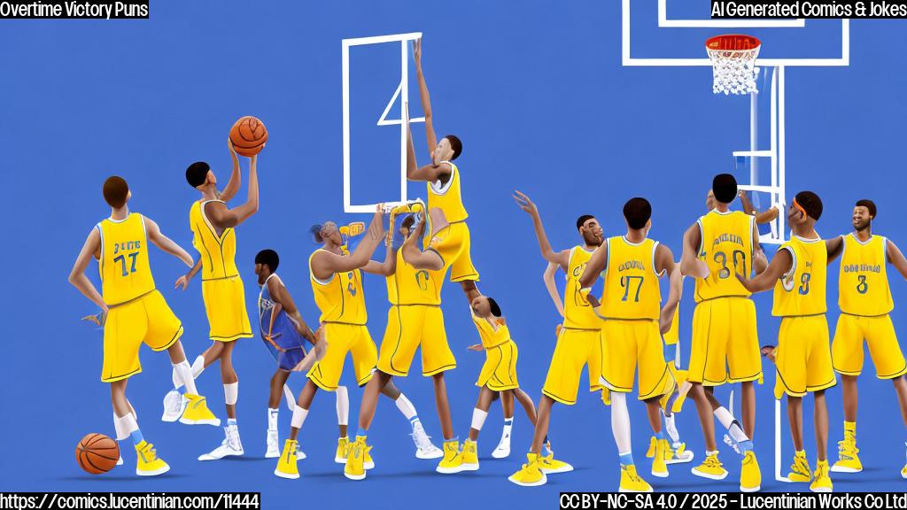 A cartoon drawing of a basketball team carrying a ridiculously tall ladder onto a basketball court. The players are wearing generic basketball uniforms in plain blue and white. The background is a simple, plain yellow basketball court. The style is very simple and cartoonish, like a children's book illustration.