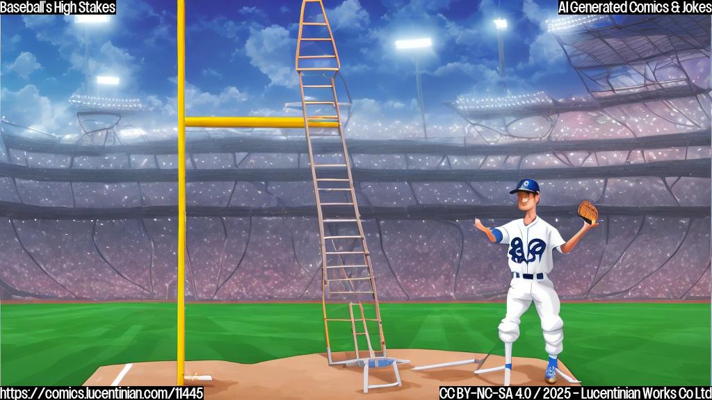 Cartoon style, plain color background, a baseball team carrying a ridiculously tall ladder onto a baseball field. The ladder is taller than the stadium lights.